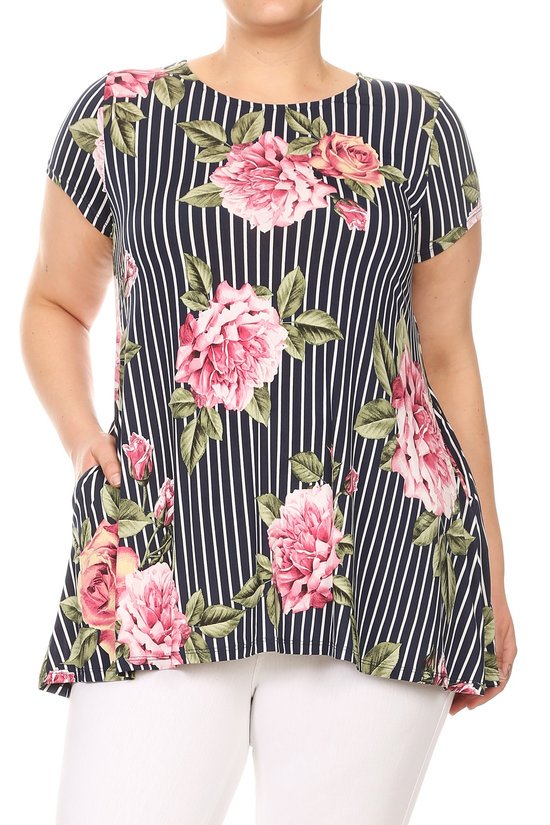Navy Striped Floral Print Short Sleeve Top with Pockets Curvy
