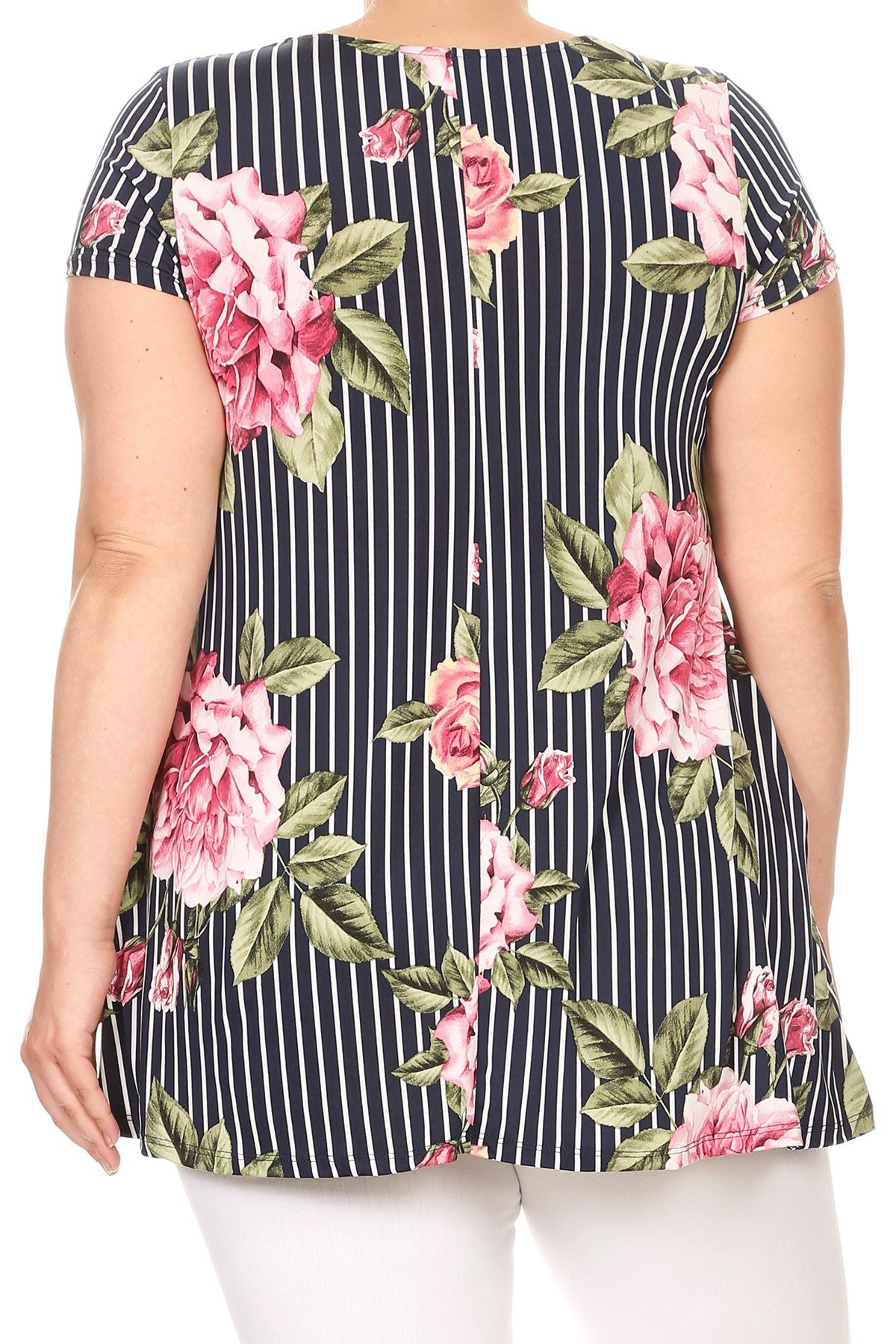Navy Striped Floral Print Short Sleeve Top with Pockets Curvy