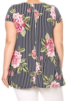 Navy Striped Floral Print Short Sleeve Top with Pockets Curvy