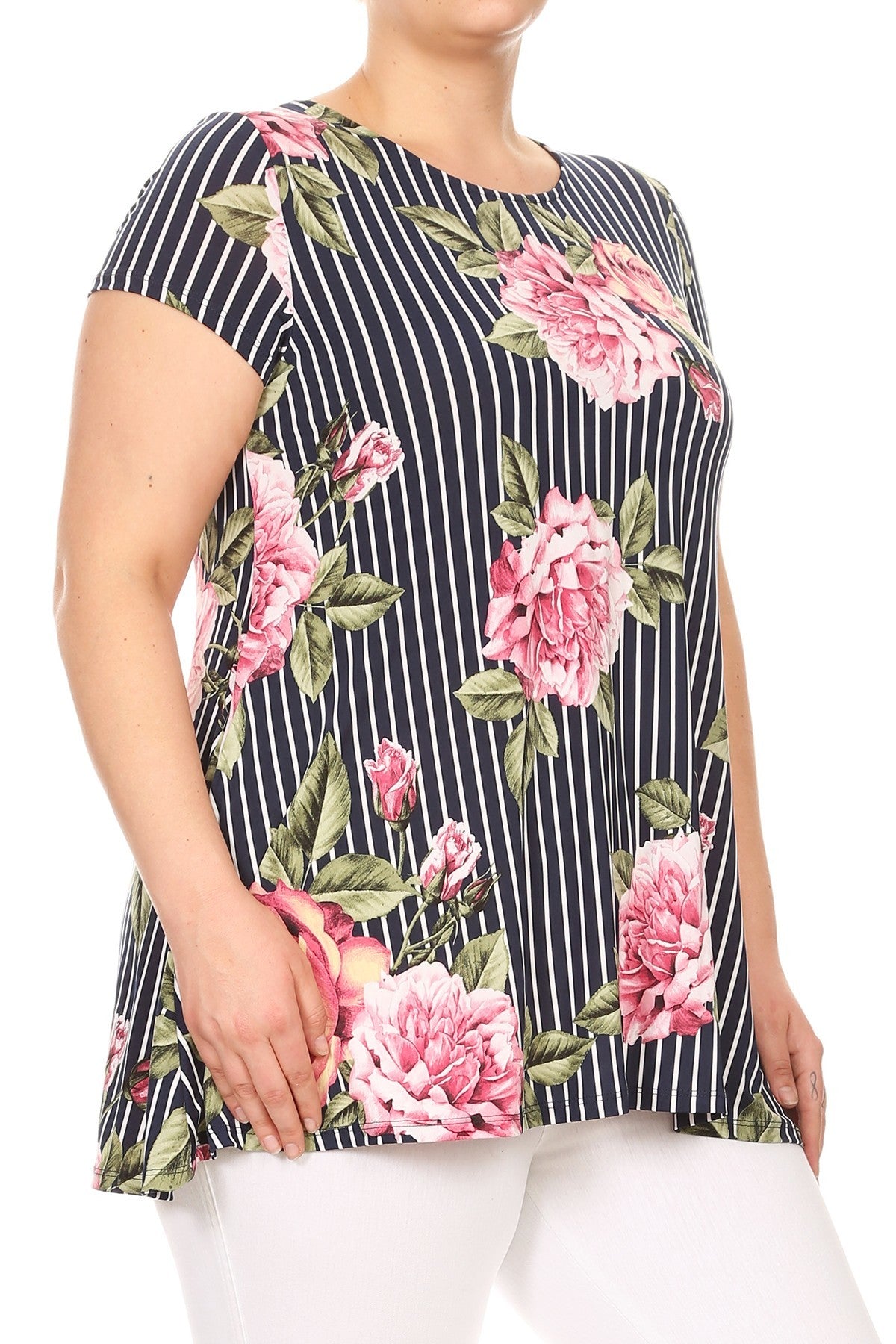 Navy Striped Floral Print Short Sleeve Top with Pockets Curvy