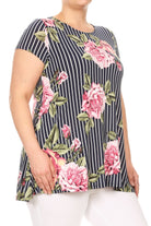 Navy Striped Floral Print Short Sleeve Top with Pockets Curvy