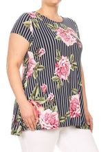 Striped Floral Print Short Sleeve Top With Pockets Curvy