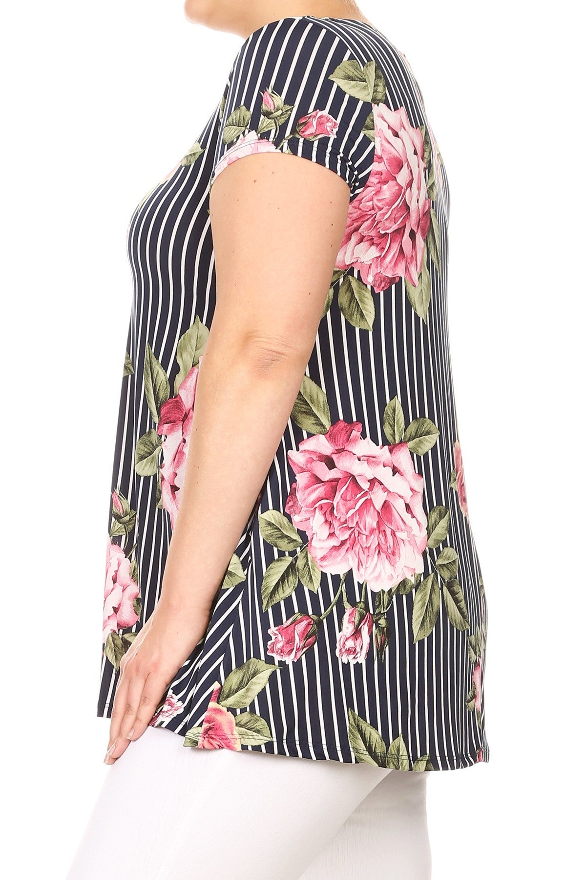 Navy Striped Floral Print Short Sleeve Top with Pockets Curvy