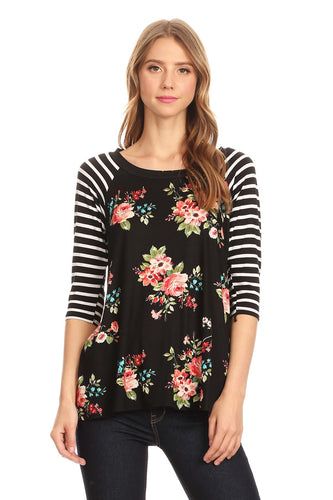 Black & White Striped Floral Print Raglan 3/4 Sleeve Women's Top