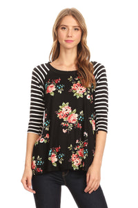 Black Floral Printed Top, Black and White Stripped 3/4 Sleeve
