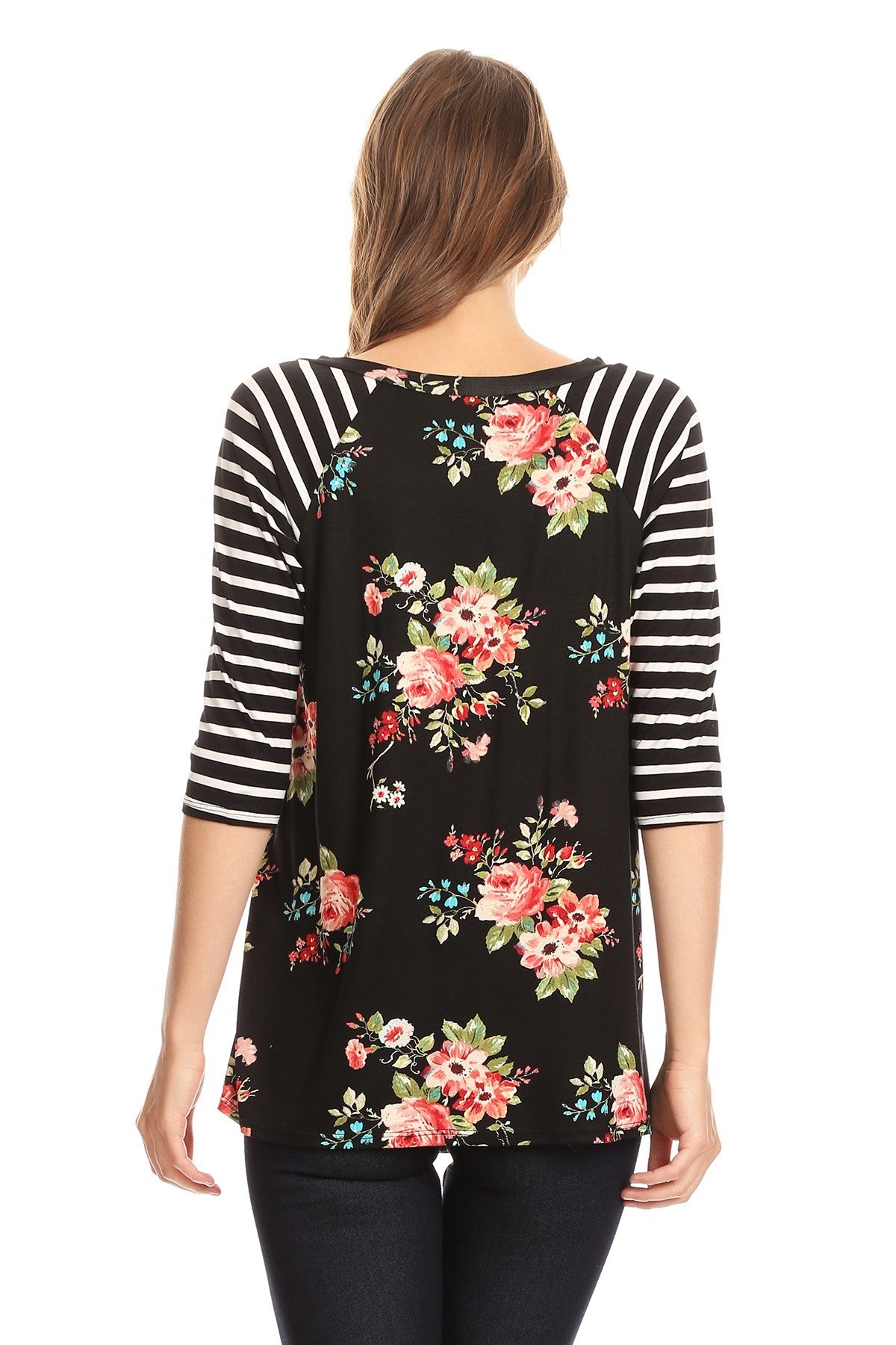 Black & White Striped Floral Print Raglan 3/4 Sleeve Women's Top