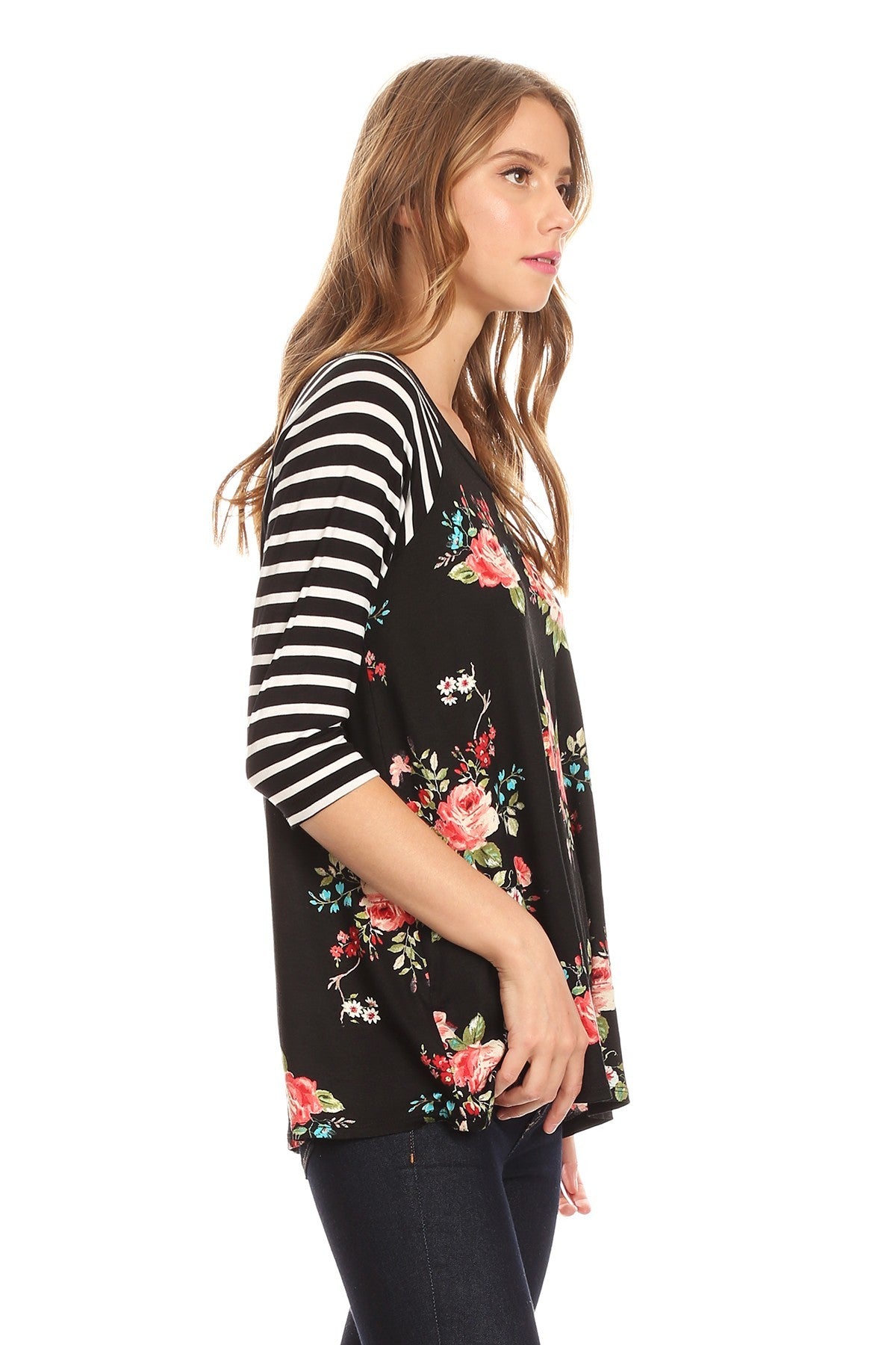 Black & White Striped Floral Print Raglan 3/4 Sleeve Women's Top