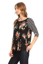 Black & White Striped Floral Print Raglan 3/4 Sleeve Women's Top