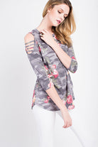 Charcoal Camo Floral Cold Shoulder 3/4 Sleeve Top