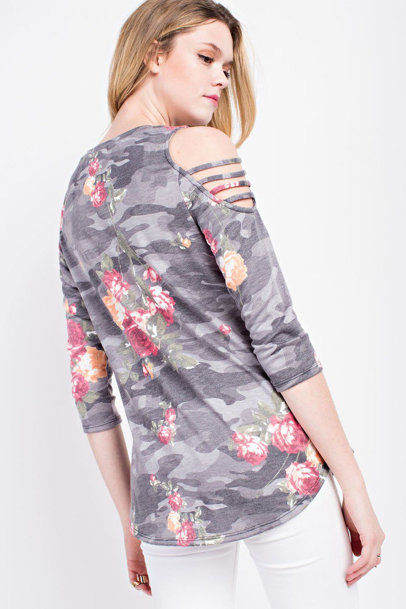 Charcoal Camo Floral Cold Shoulder 3/4 Sleeve Top