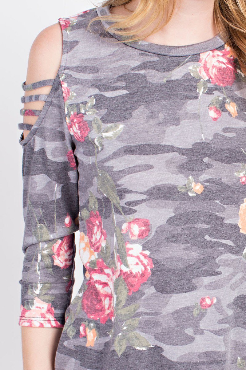 Charcoal Camo Floral Cold Shoulder 3/4 Sleeve Top