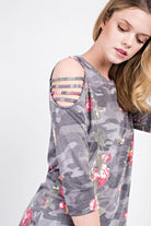 Charcoal Camo Floral Cold Shoulder 3/4 Sleeve Top