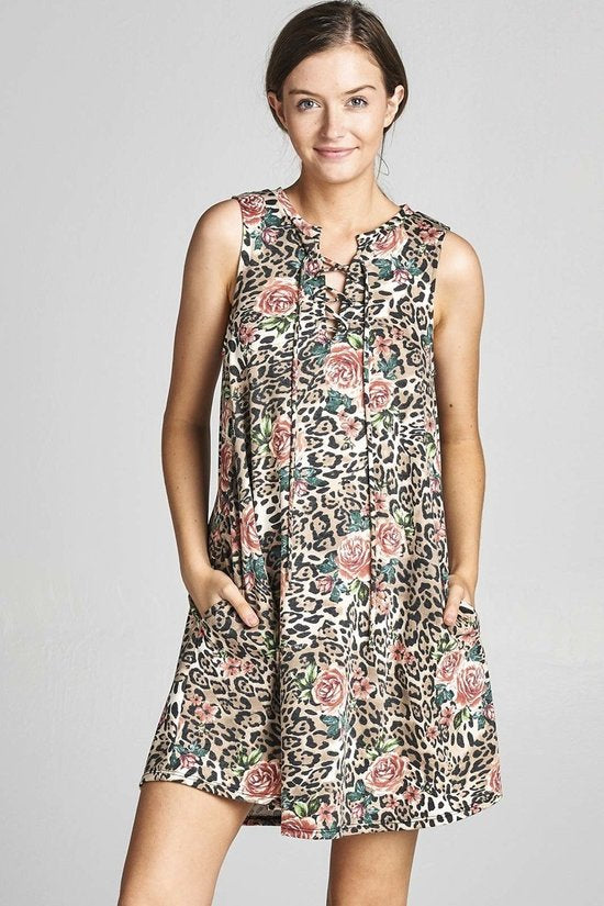 Leopard Floral Lace Up Sleeveless Dress with Pockets