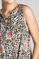 Leopard Floral Lace Up Sleeveless Dress with Pockets