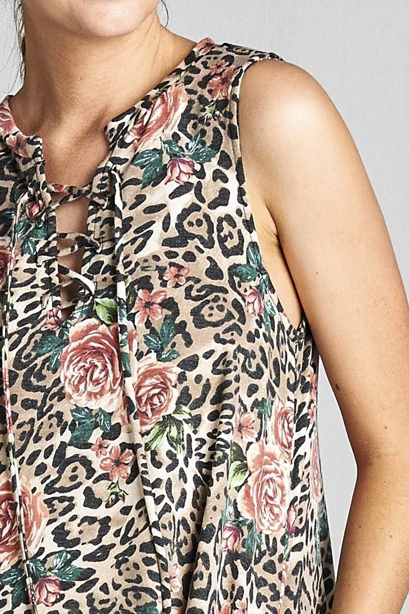 Leopard Floral Lace Up Sleeveless Dress with Pockets