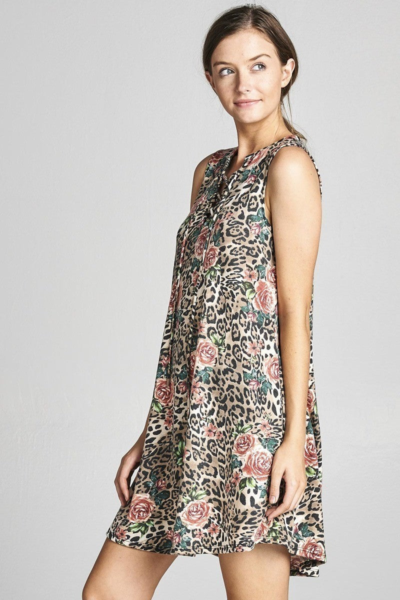 Leopard Floral Lace Up Sleeveless Dress with Pockets