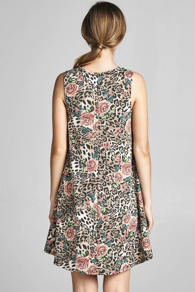 Leopard Floral Lace Up Sleeveless Dress with Pockets