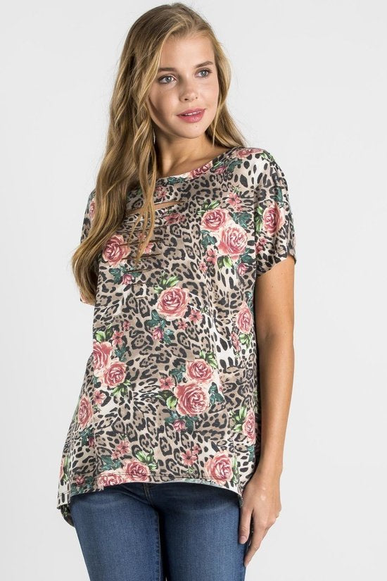 Leopard Print Relaxed Fit Cut-Out Neck Open Back Short Sleeve Top