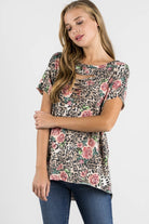 Leopard Print Relaxed Fit Cut-Out Neck Open Back Short Sleeve Top