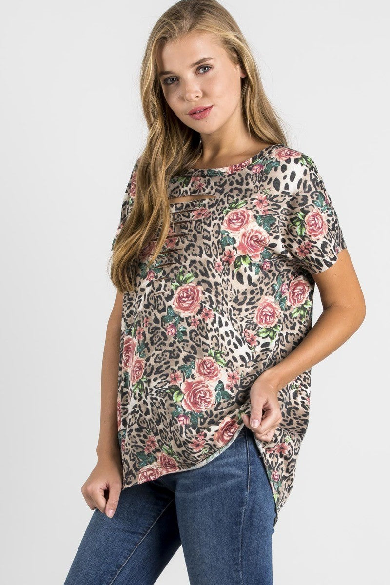 Leopard Print Relaxed Fit Cut-Out Neck Open Back Short Sleeve Top