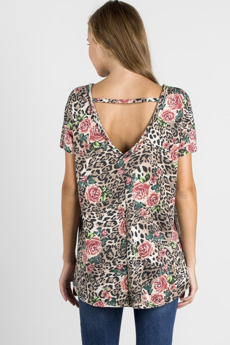 Leopard Print Relaxed Fit Cut-Out Neck Open Back Short Sleeve Top