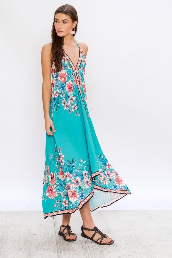 Jade Floral Print Halter Dress
