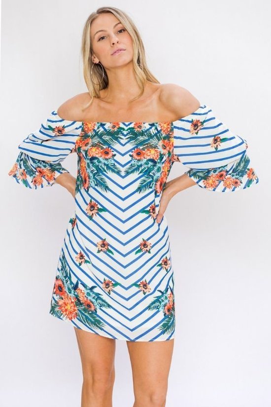 Chevron Floral Print Off Shoulder Short Dress with Balloon Sleeves