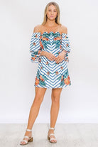Chevron Floral Print Off Shoulder Short Dress with Balloon Sleeves