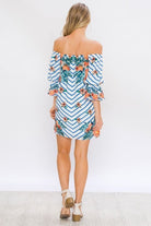 Chevron Floral Print Off Shoulder Short Dress with Balloon Sleeves