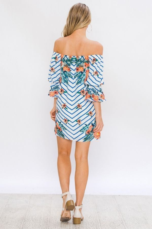 Chevron Floral Print Off Shoulder Short Dress with Balloon Sleeves