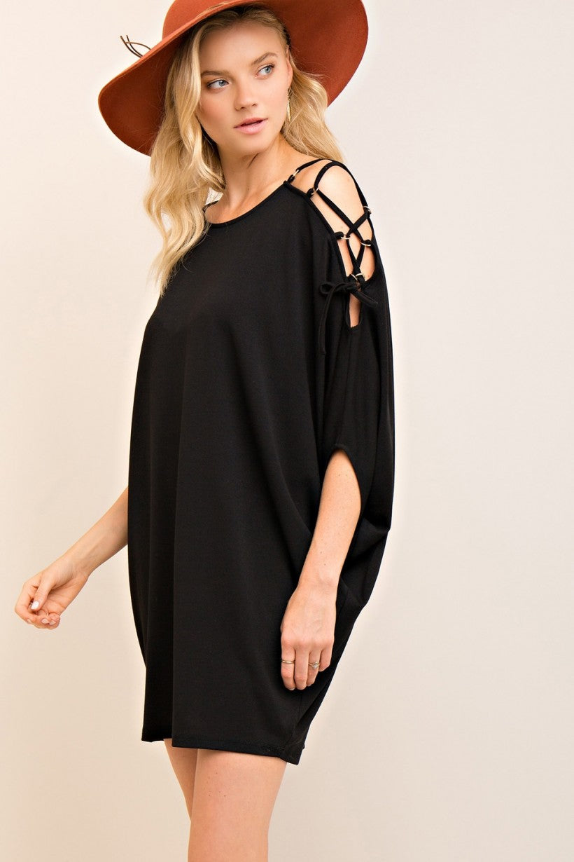 Black Open Shoulder dolman sleeve detail dress featuring open shoulder with lace-up detail