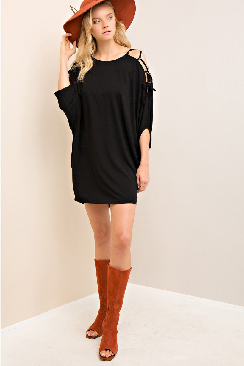 Black Open Shoulder dolman sleeve detail dress featuring open shoulder with lace-up detail