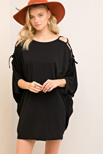 Black Open Shoulder dolman sleeve detail dress featuring open shoulder with lace-up detail