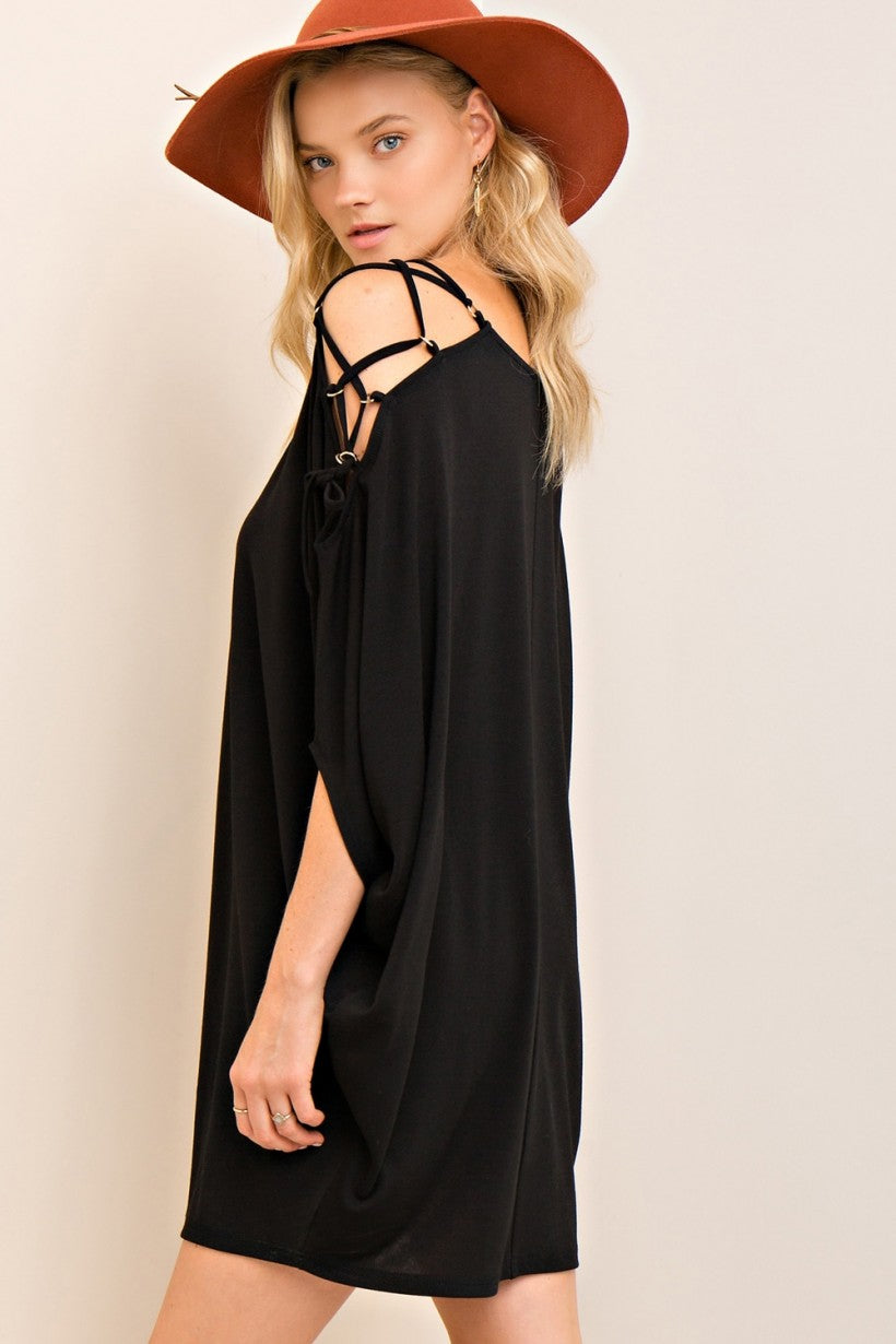 Black Open Shoulder dolman sleeve detail dress featuring open shoulder with lace-up detail