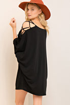 Black Open Shoulder dolman sleeve detail dress featuring open shoulder with lace-up detail