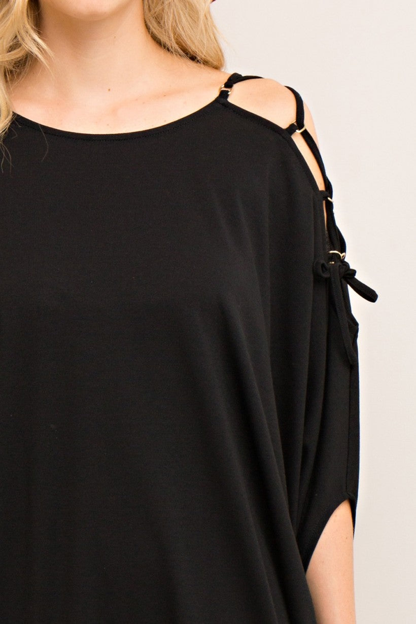 Black Open Shoulder dolman sleeve detail dress featuring open shoulder with lace-up detail