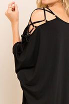 Black Open Shoulder dolman sleeve detail dress featuring open shoulder with lace-up detail