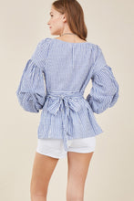 Classic Denim Striped V-Neck Women's Top With Puffy Long Sleeve Self-Tie At Waist