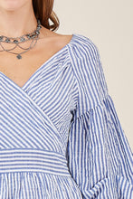 Classic Denim Striped V-Neck Women's Top With Puffy Long Sleeve Self-Tie At Waist
