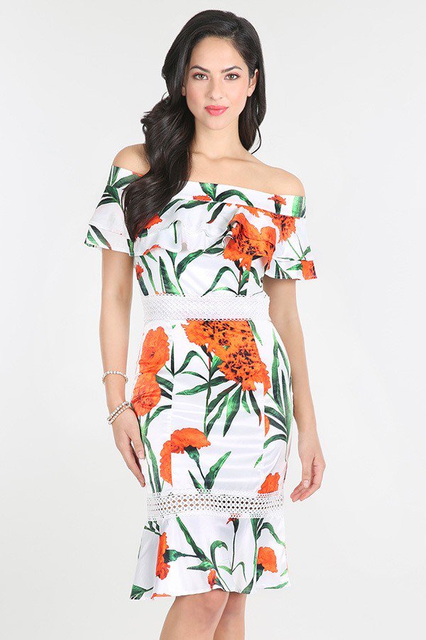 Floral White Midi Dress Orange Blossom Off Shoulder Short Sleeve 