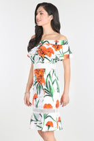 Floral White Midi Dress Orange Blossom Off Shoulder Short Sleeve 