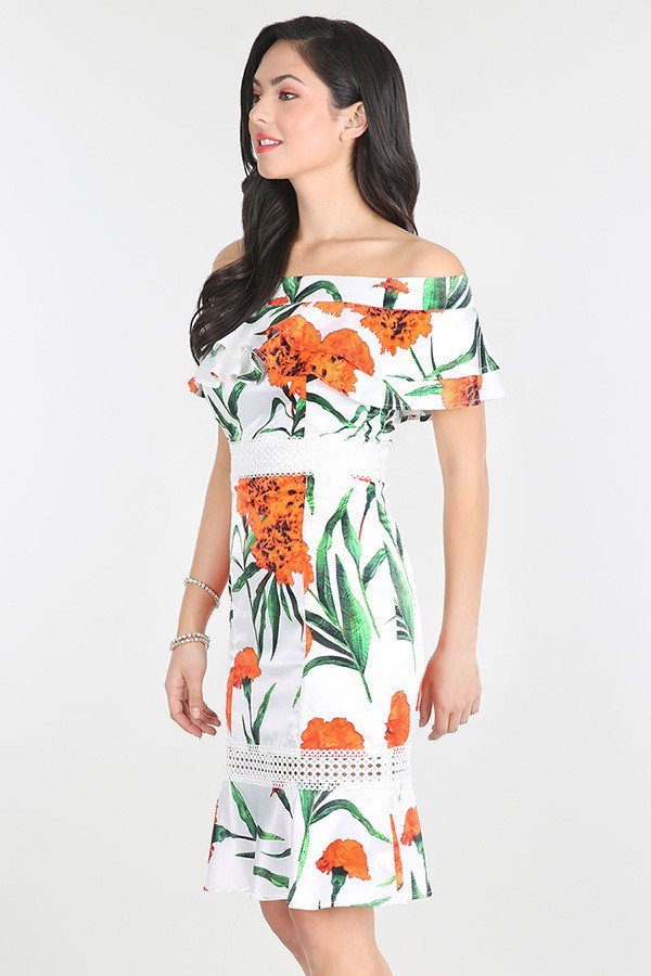Floral White Midi Dress Orange Blossom Off Shoulder Short Sleeve 