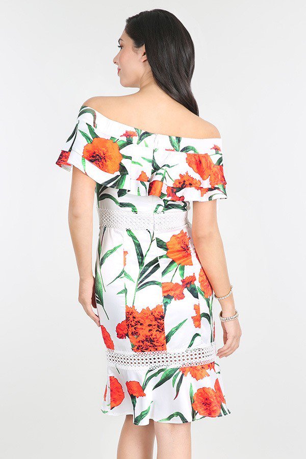 Floral White Midi Dress Orange Blossom Off Shoulder Short Sleeve 
