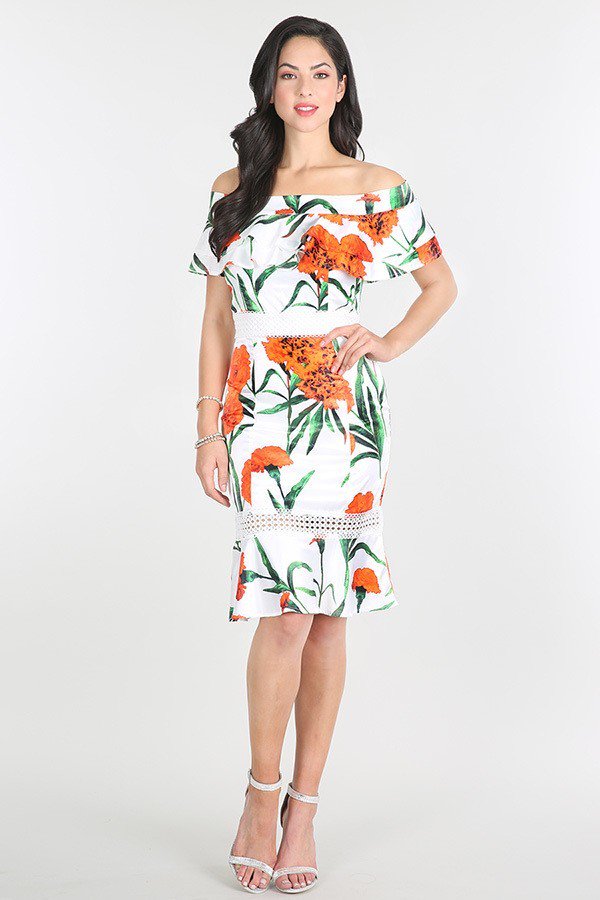 Floral White Midi Dress Orange Blossom Off Shoulder Short Sleeve 