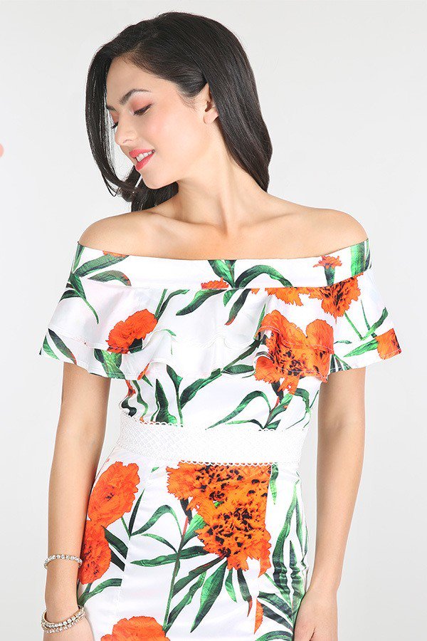 Floral White Midi Dress Orange Blossom Off Shoulder Short Sleeve 
