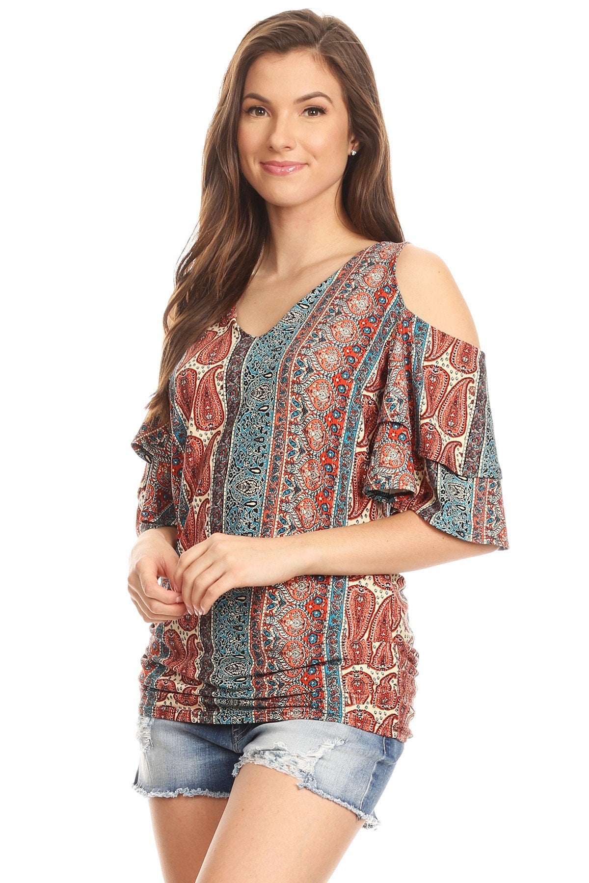 Paisley Print Top Fitted V-Neck Cold Shoulder