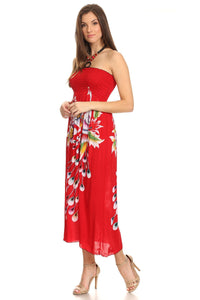 Red Peacock Floral Maxi Dress