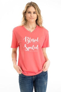 Blessed God Spoiled Husband V-Neck Tee in Coral