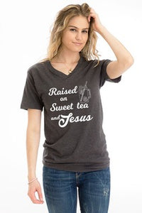 "Raised On Sweet Tea And Jesus" V-Neck Tee In Charcoal religious 