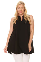 Curvy Black sleeveless textured tunic top with notched neckline, mandarin collar, and rounded hem.